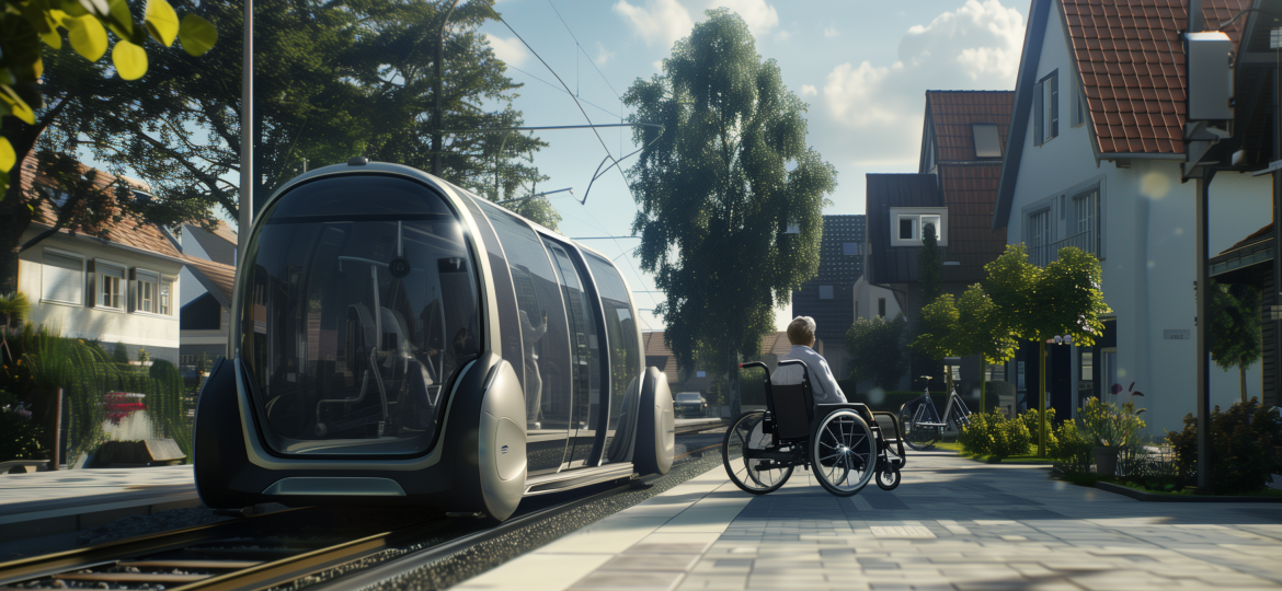 Wheelchair user leaving self-driving tram