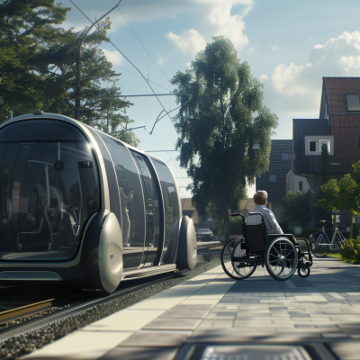 Wheelchair user leaving self-driving tram